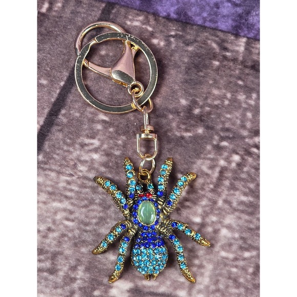 Spider Keychain Gold Tone Blue Rhinestones Jeweled Bug Purse Charm Bling - Picture 1 of 10